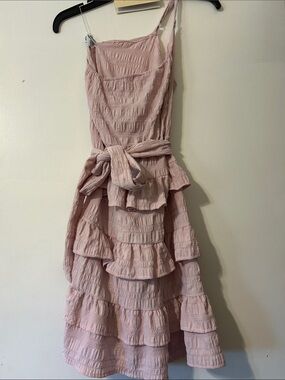 One-Shoulder Ruffle Tiered Dress in Light Pink